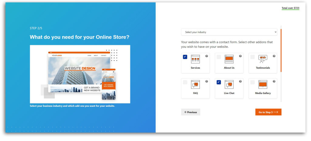 Onwebsol's free website price calculator Step 2.