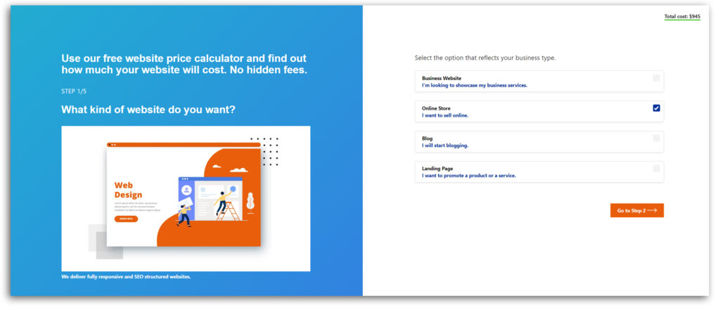 Website price calculator step 1.